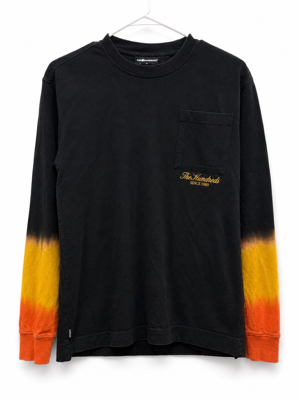 The Hundreds Black Long Sleeve Pocket Tee with Yellow and Orange Dip Dye Sleeves